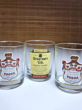 Vintage Barware Glasses Seagrams VO Whisky Pierre Smirnoff Vodka Lowball Lot 3pc